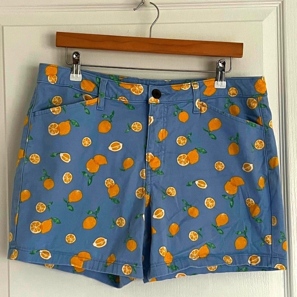 Lemon Citrus Print Chino Shorts Blue Yellow Preppy Coastal Summer St John's Bay